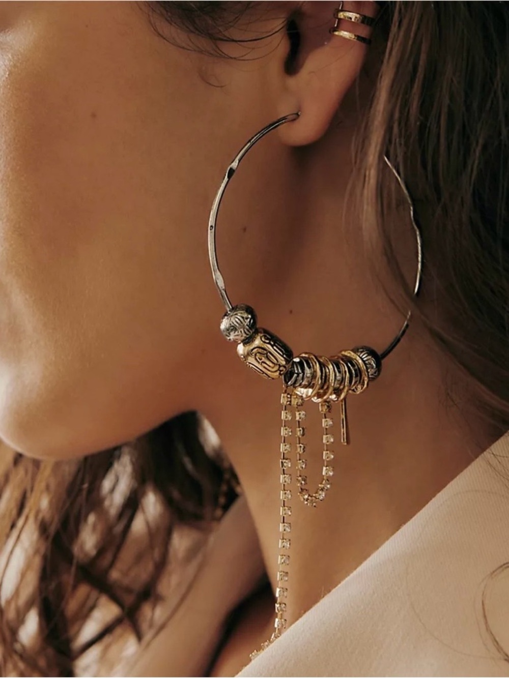 NWOT Free People Flume Hoops Silver charms rhinestones